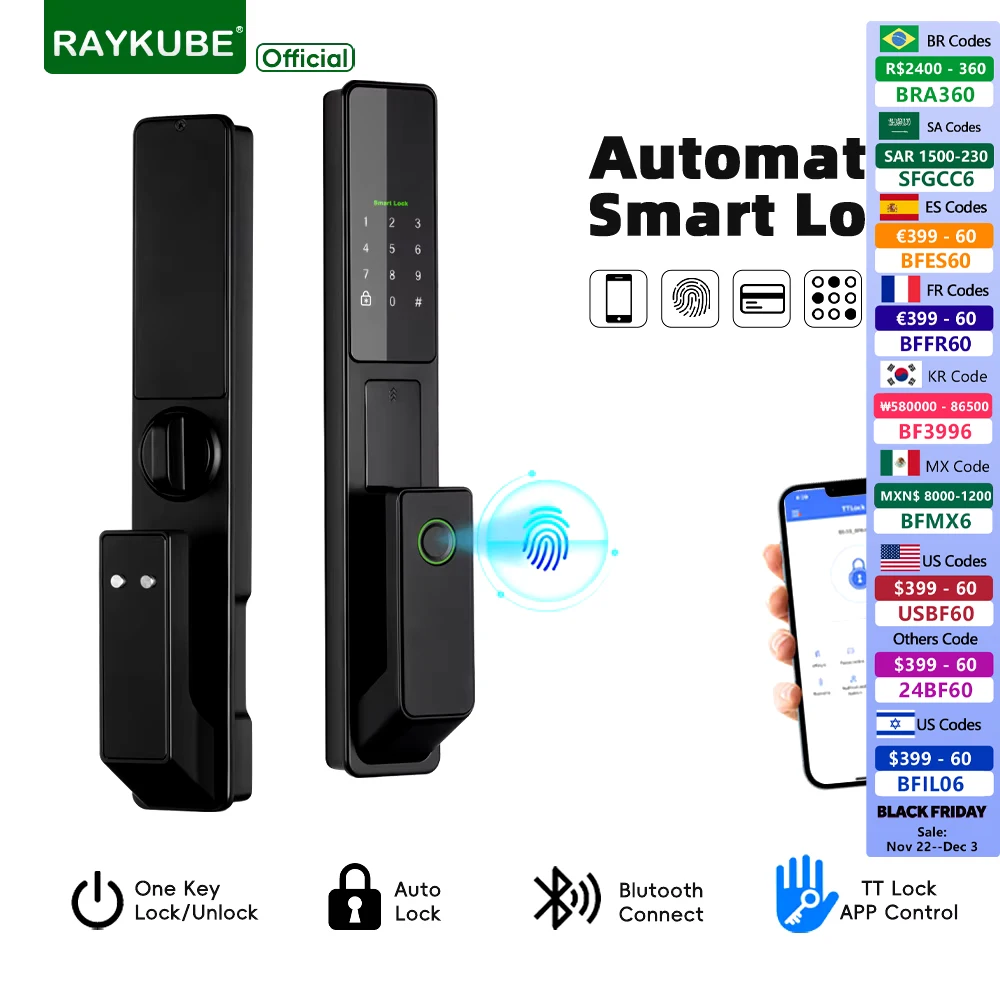 RAYKUBE V1 TT Lock BLE Full-auto Advanced Electronic Fingerprint Smart Door Lock With TT Lock APP/NFC/ICCard/Password/Key Unlock