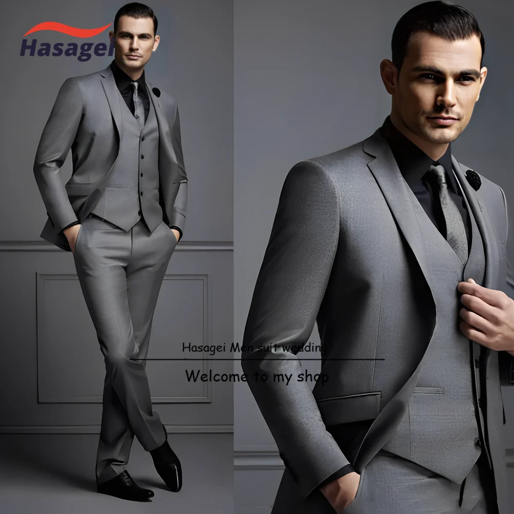 Dark Gray Elegant Men\'s Suit Three Piece Wedding Groom Tuxedo Slim Fit Jacket Pants Vest Formal Party Homme Suit