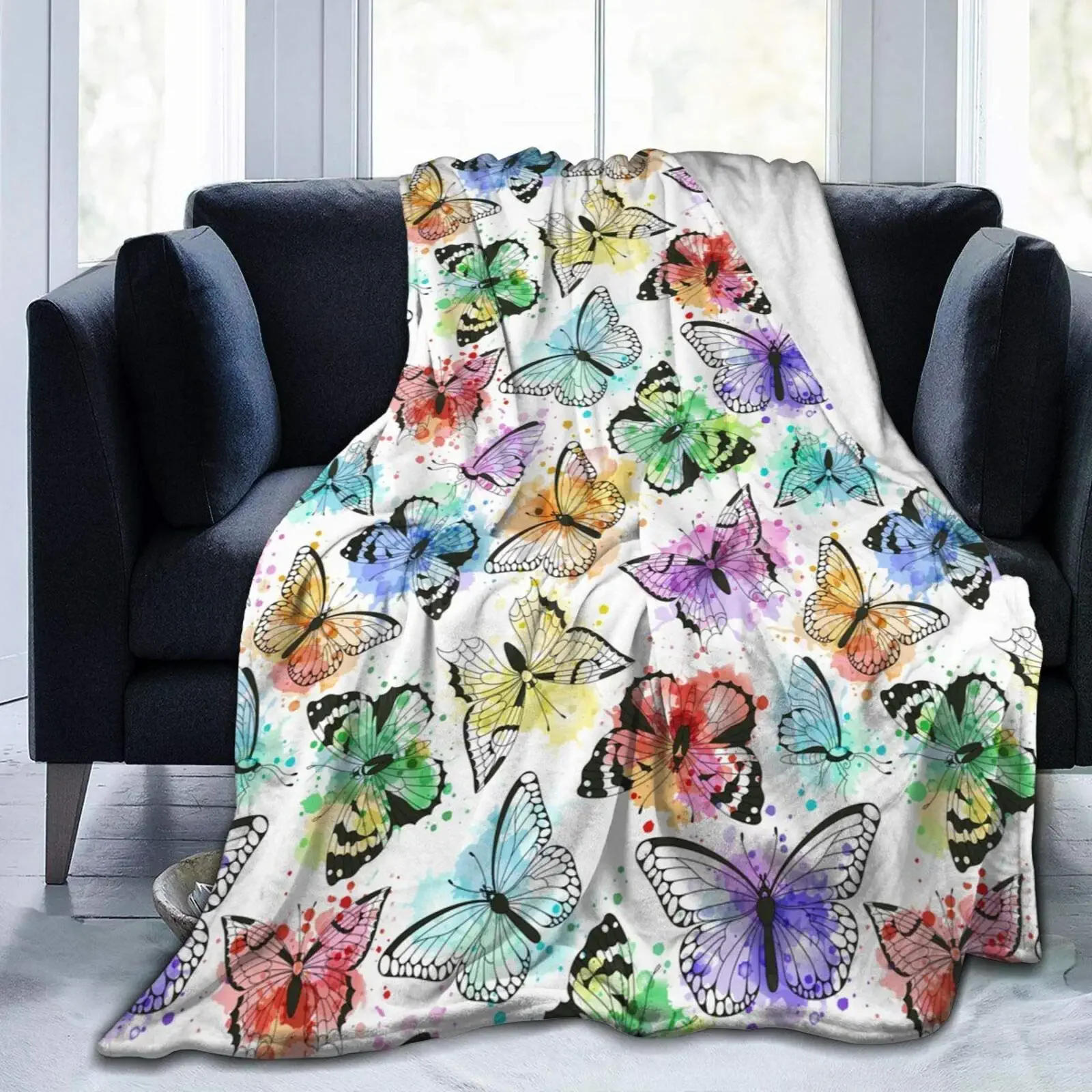 Watercolor Butterfly Fleece Throw Microfiber Blanket Lightweight Flannel Fleece Gift for Kid Baby Adults Or Pet Chair Couch