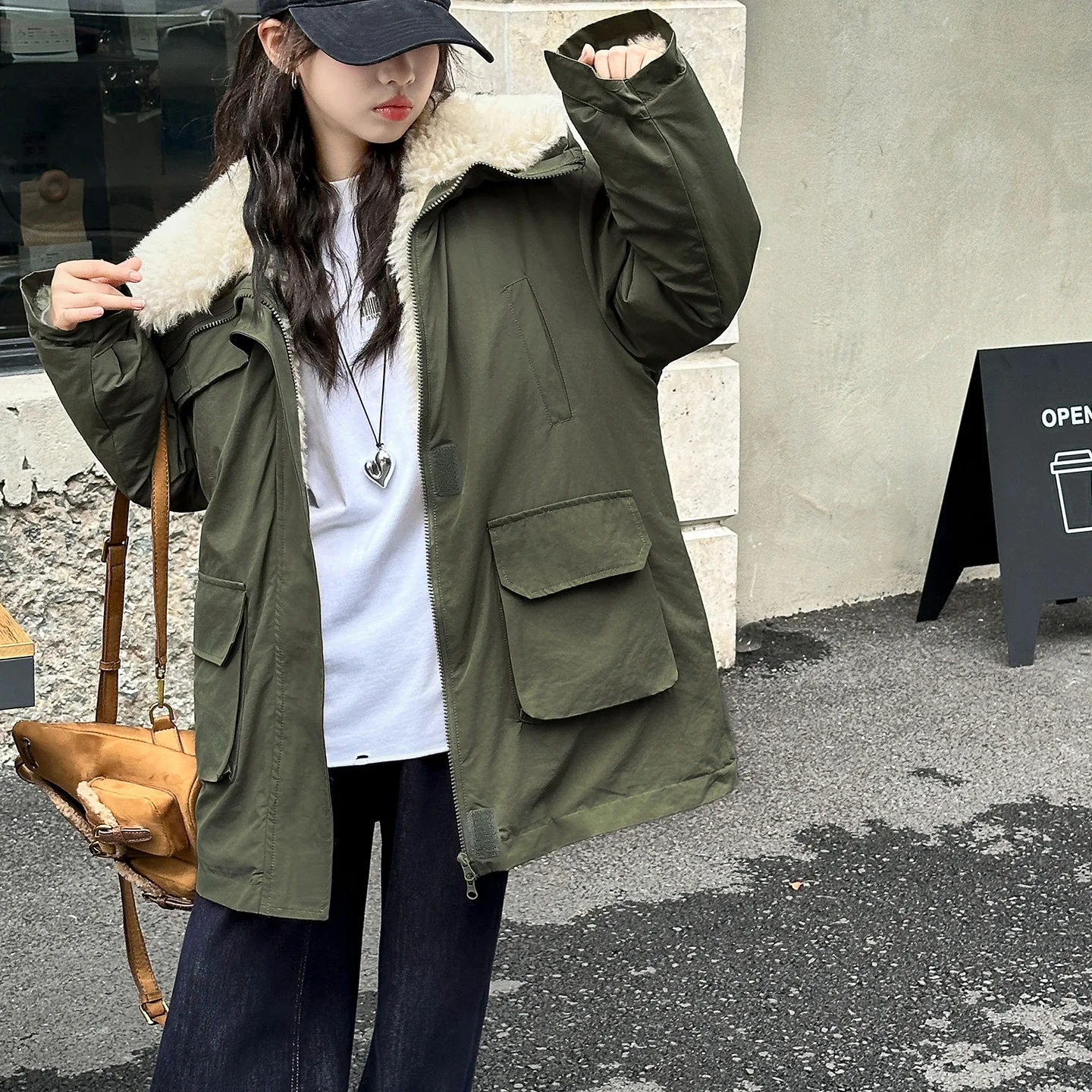 معطف سترة باللون الأخضر العسكري للفتيات مع بطانة وياقة من الفرو الصناعي، ملابس خارجية شتوية دافئة مع جيوب، سترة عصرية للفتيات #5
