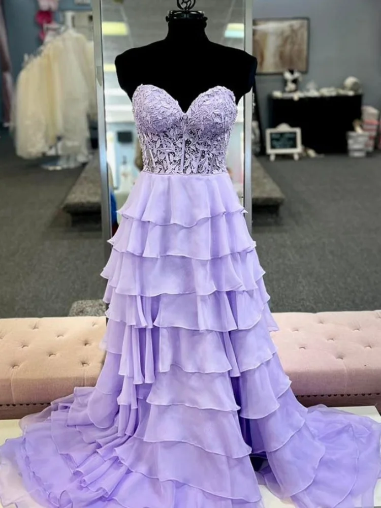 Women's Off Shoulder Sweetheart Strapless Evening Dresses A-line High Slit Ruffle Tiered Princess Appliques Long Prom Dresses