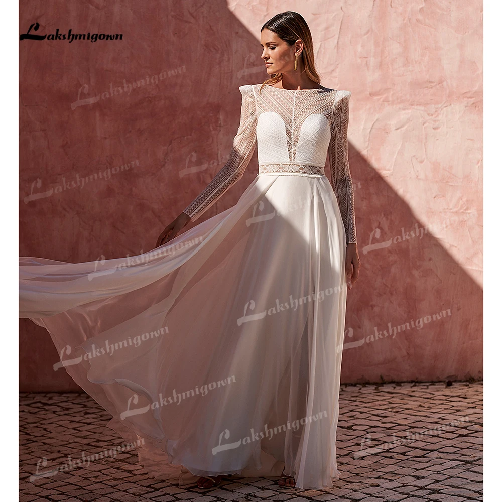 Vestido De Novia bohemio De manga larga para mujer, Top De encaje con botones y perlas en la espalda abierta, línea A De gasa, Vestidos De Novia