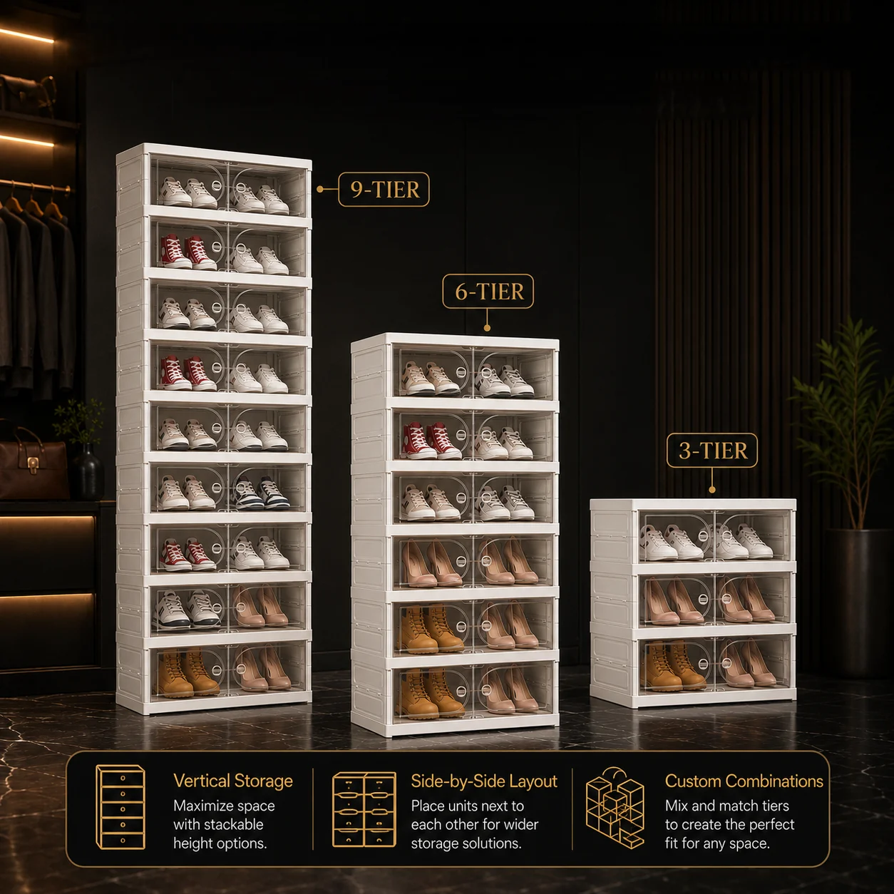 3/6/9-layer foldable stackable plastic shoe cabinet with transparent flip dust-proof doors, modular vertical shoe rack, perfect for entryway, closet, bedroom, or dorm. White foldable shoe box lets you create a custom shoe wall for small apartments, saving