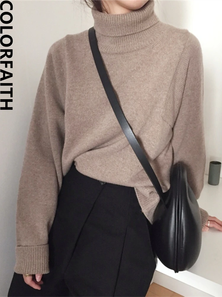 Colorfaith-Jersey de punto de estilo coreano para mujer, Jersey cálido de cuello alto, sólido, minimalista, elegante, SW7276, novedad, invierno, 2022