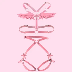 Angel Wings Harness Women Set Pink PU Leather Garter Belt Gothic Suspender Body Bondage Waist Thigh Strap Sexy Lingerie Cage