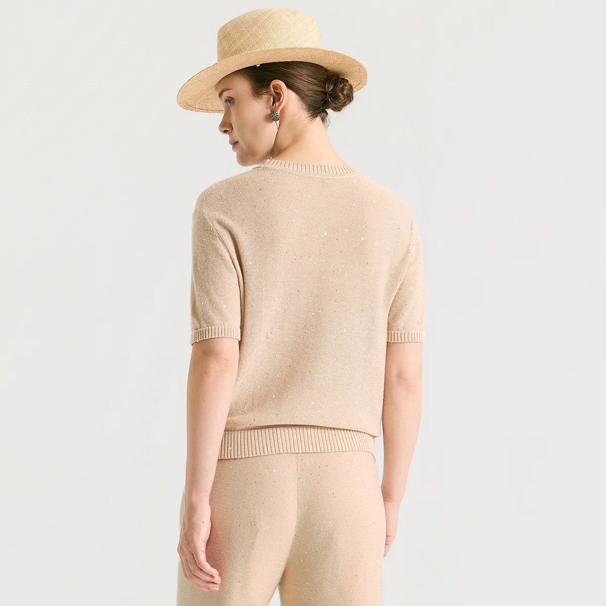 BY4611486 Luxury Sequin Silk Linen Blend Knit Pullover Women's Short Sleeve Lyocell Blend T-Shirt Loose Chic Designer Top