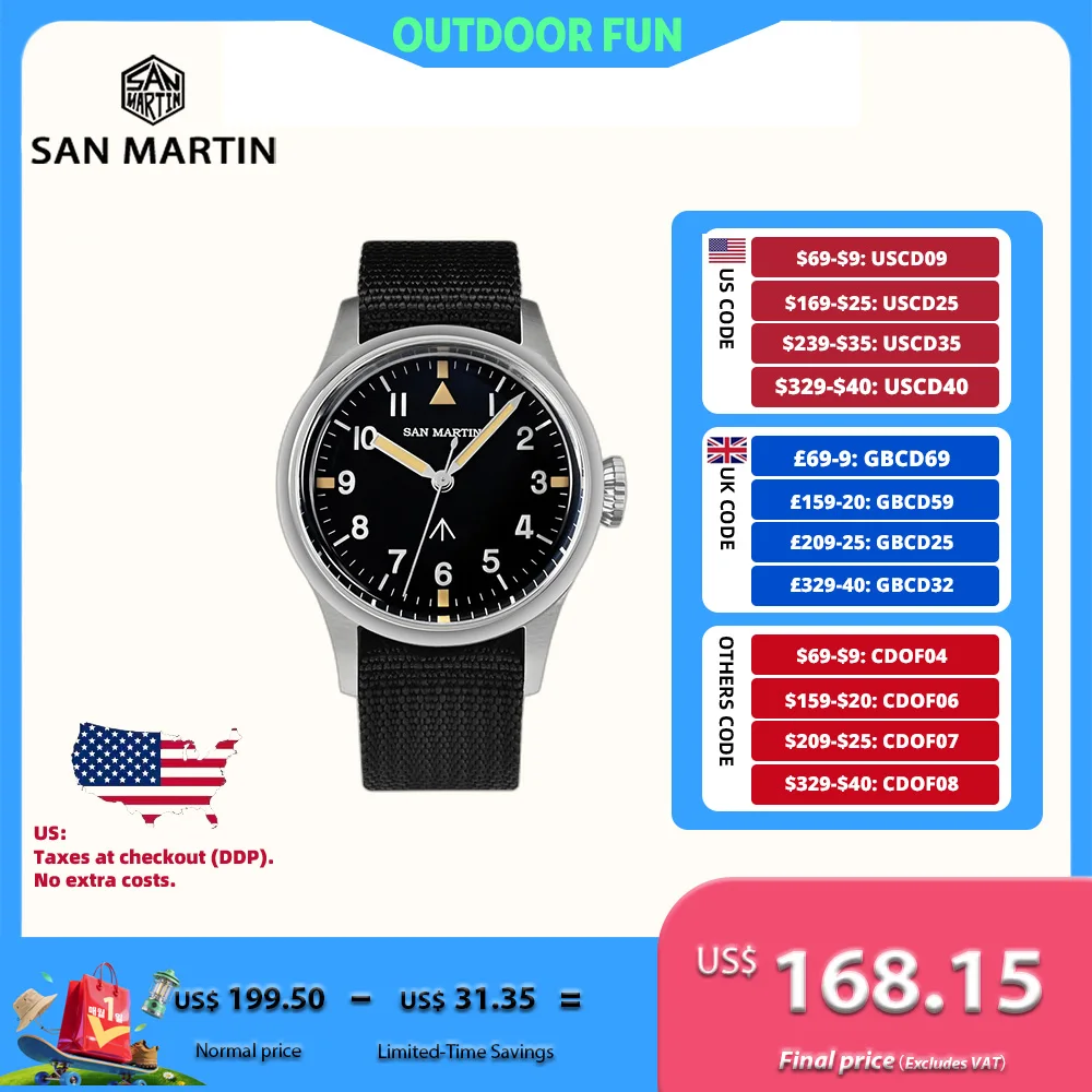 

San Martin 36 мм пилотные кварцевые часы RONDA 6004 VH31 для мужчин наручные часы нейлоновый ремешок светящиеся военные Orologio Uomo 10 бар SN0105XA