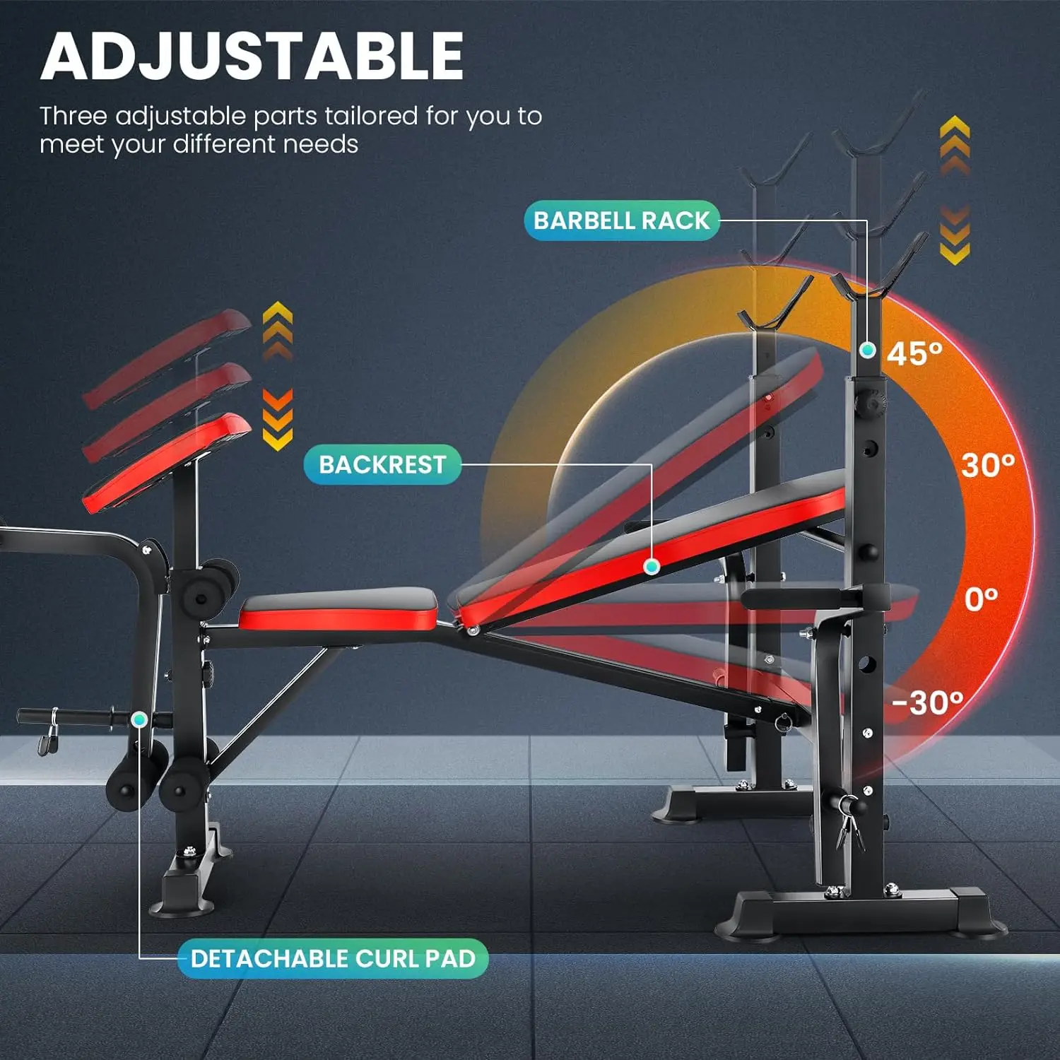 Set da banco 6 in 1 660lbs con Squat Rack, Set da panca con supporto per bilanciere, allenamento per l'allenamento della forza inclinato regolabile