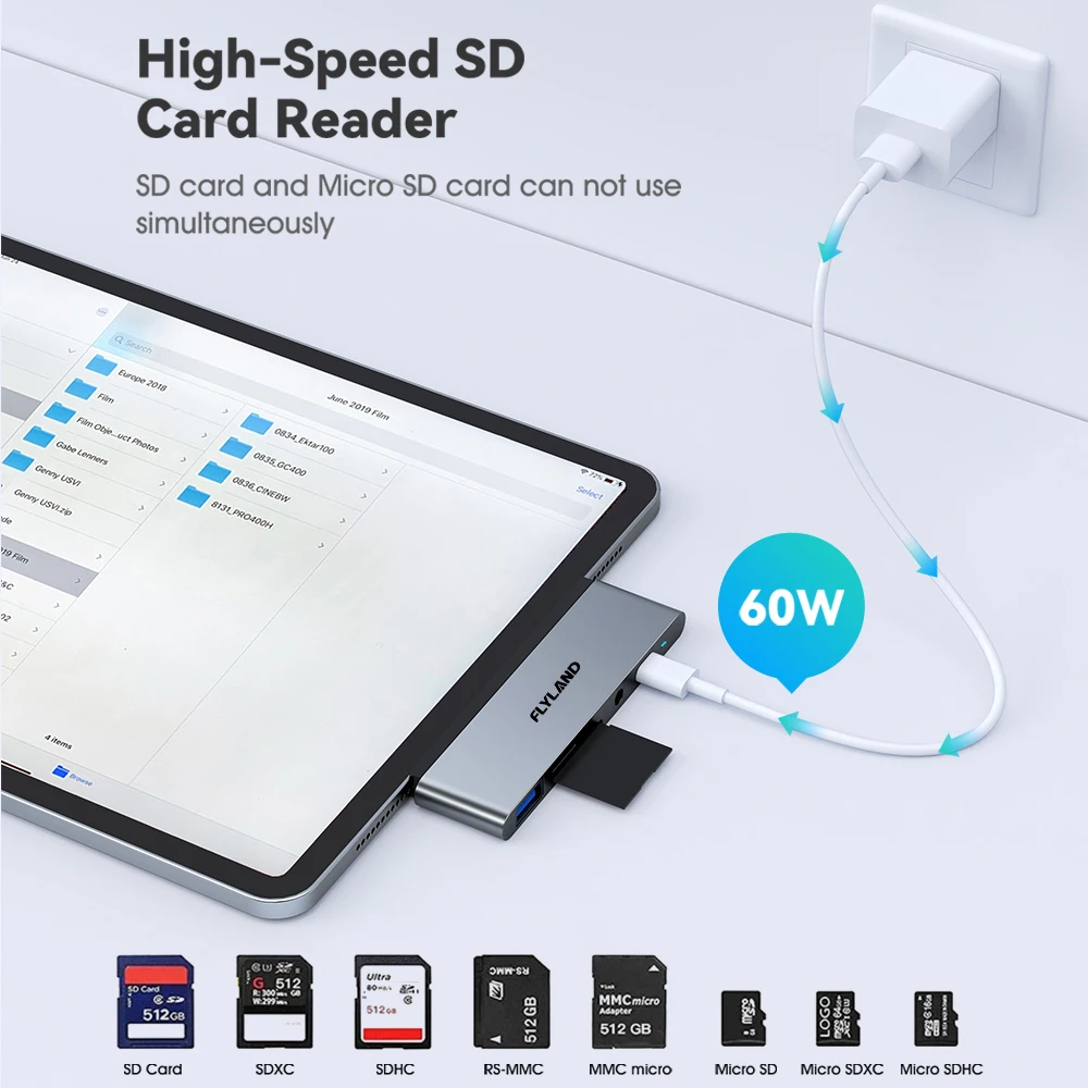 Flyland 아이패드 프로 에어용 USB 허브, 4K HDMI 호환 C 타입 어댑터, 마그네틱 거치대, 60W PD USB 3.0 동글, 6 인 1