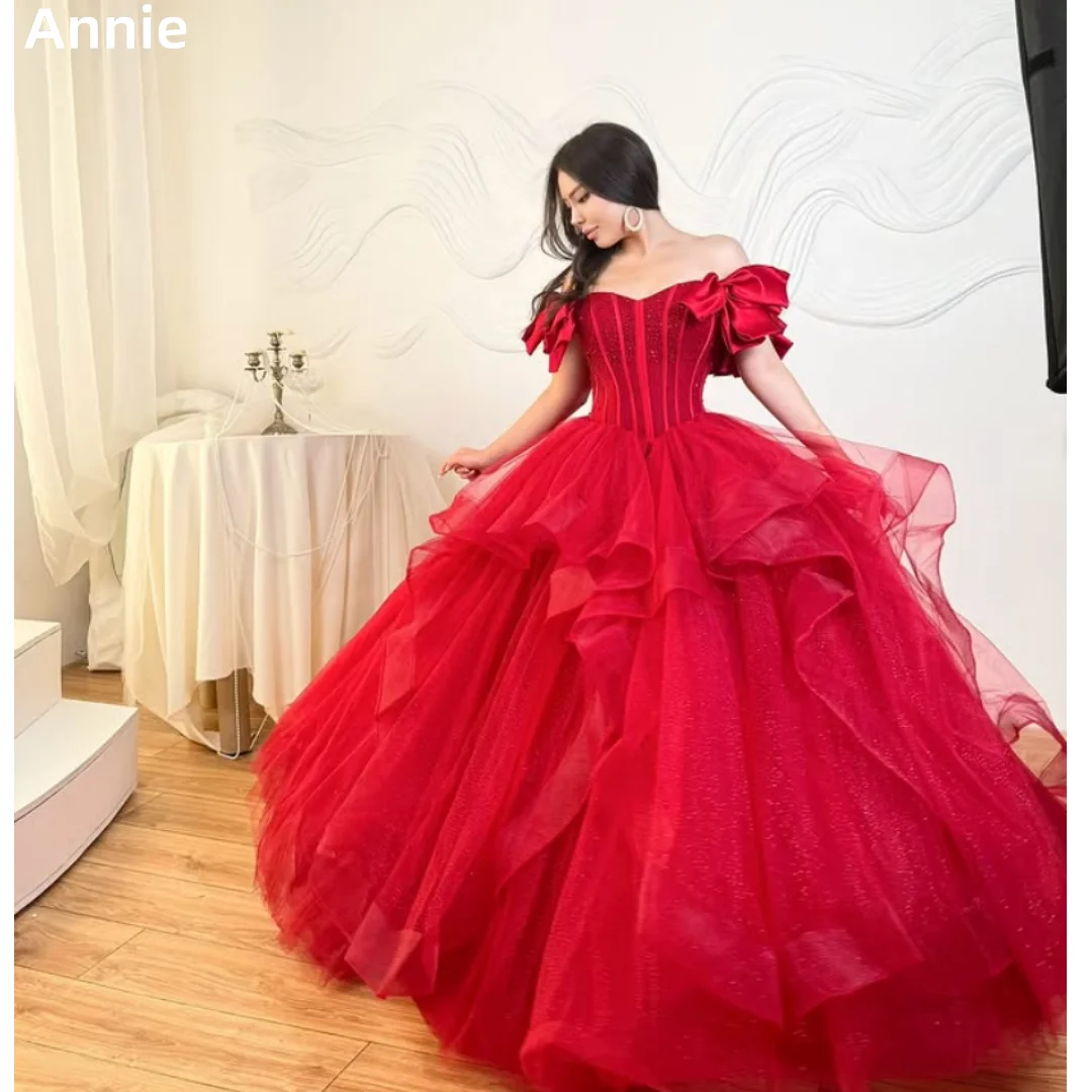 

Annie Glitter Beads Пром платья Красные пышные многослойные вечерние платья из тюля Элегантные женские вечерние платья трапециевидной формы فساتين سهرة