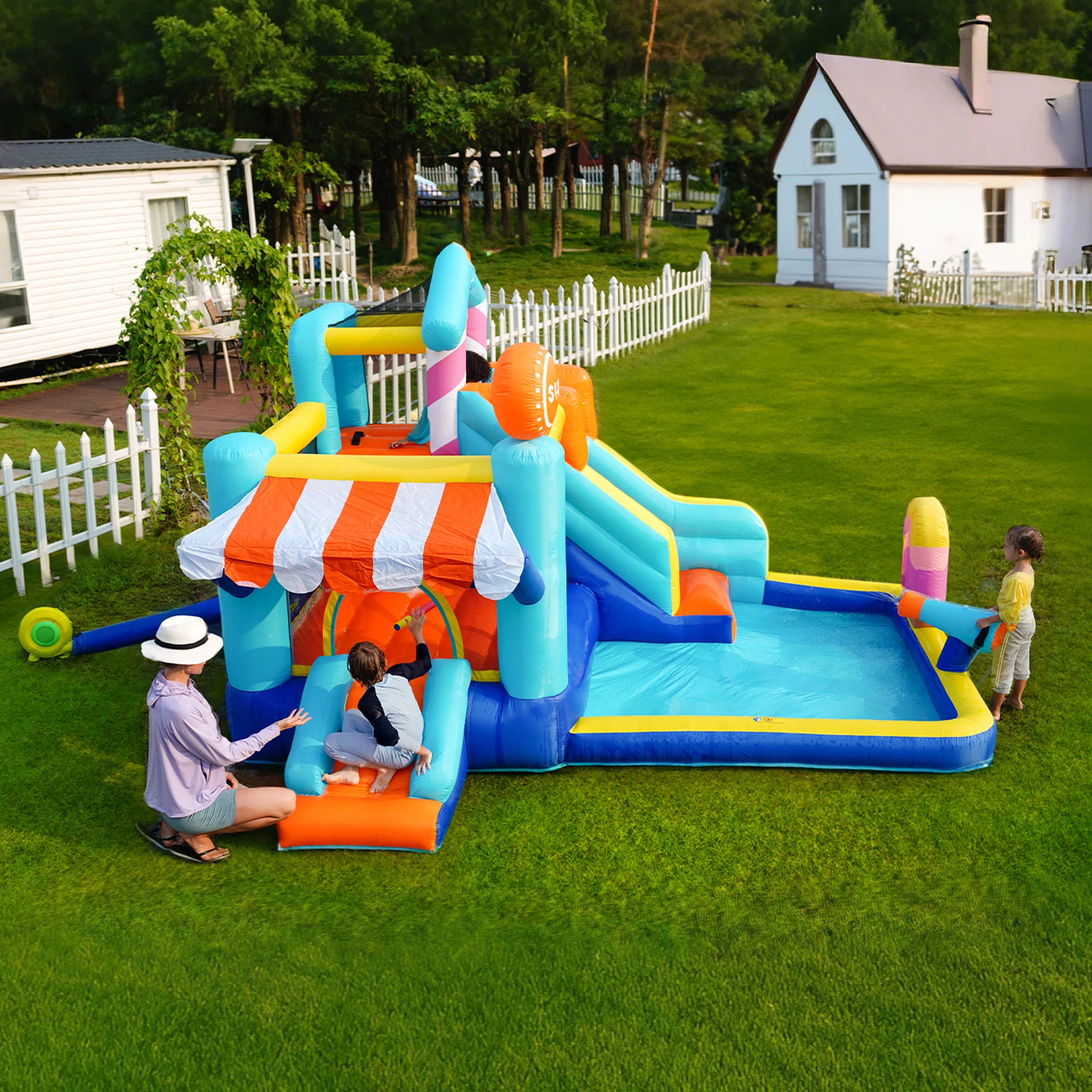 Castillo hinchable infantil con soplador, tobogán acuático, trampolín, parque acuático, pistolas de agua y toldo-incl. Soplador 450W