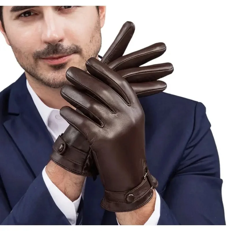 AliExpress NONE Winter Genuine Sheepskin Leather Gloves Men Warm velvet lined Full Finger Touchscreen Outdoor Cycling Driving Motorcycle Gloves