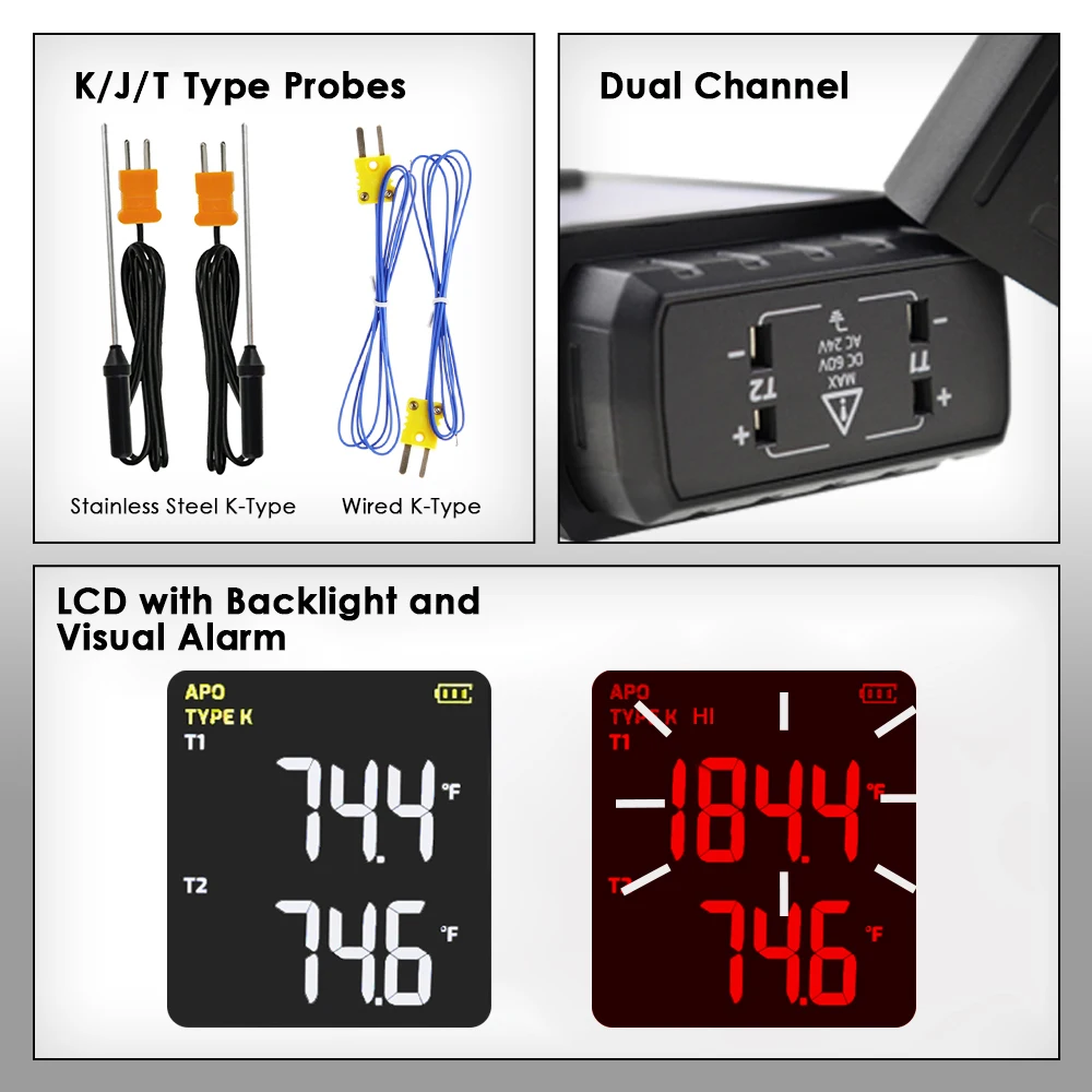 Digital K/J/T Type Digital Temperature Measurement T1-T2 Thermocouple Thermometer W/ Backlight and Temperature Compensation