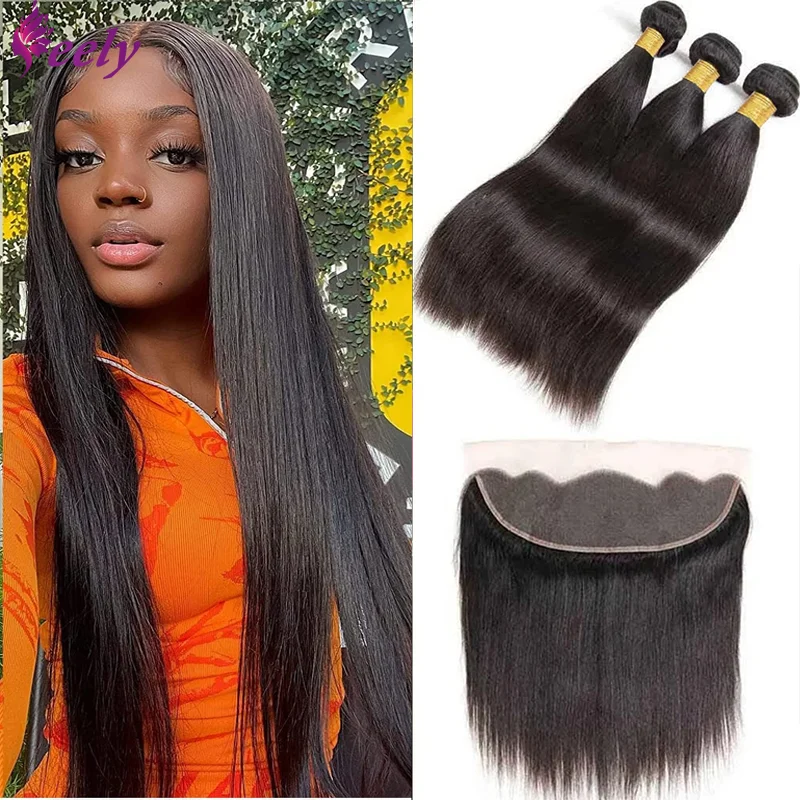 

Human Hair Bundles with Frontal Lace With Brazilian Virgin Human Hair Extensions With HD Lace Frontal Free Part Natural Color