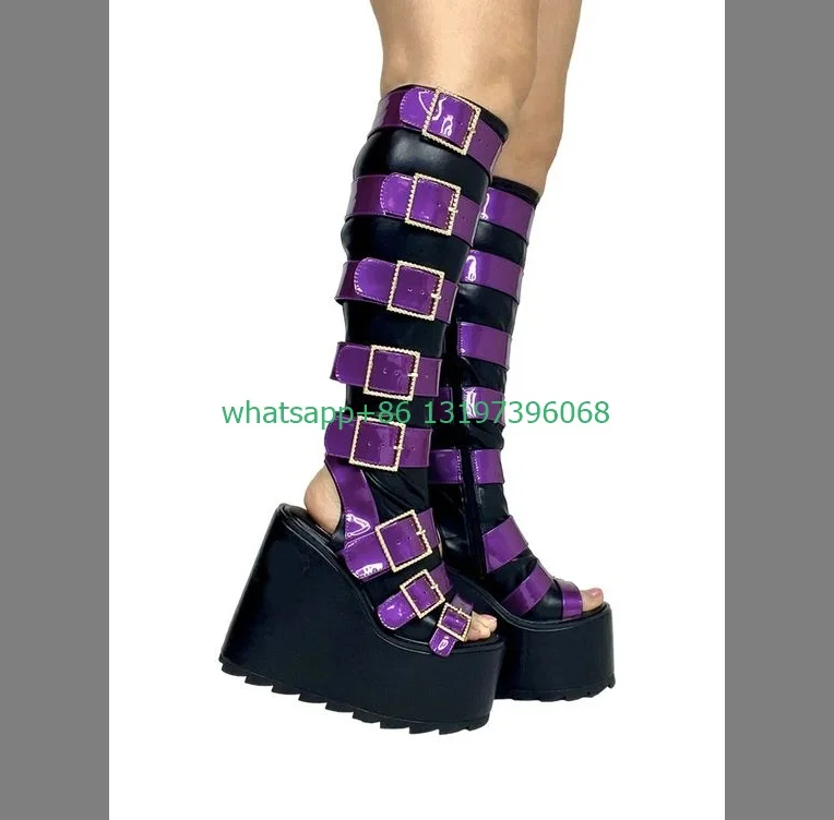 Lady sexy purple slingback knee boots multiple straps design platform knee boots PU purple color punk style vintage boots size