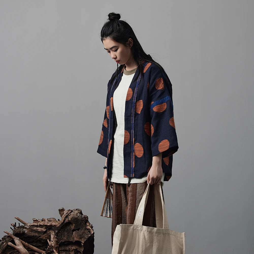 Japanese style Vintage kimono jacket Men's Orange Dots embroidery Indigo dye Unisex Jacket Casual Cardigan Coat