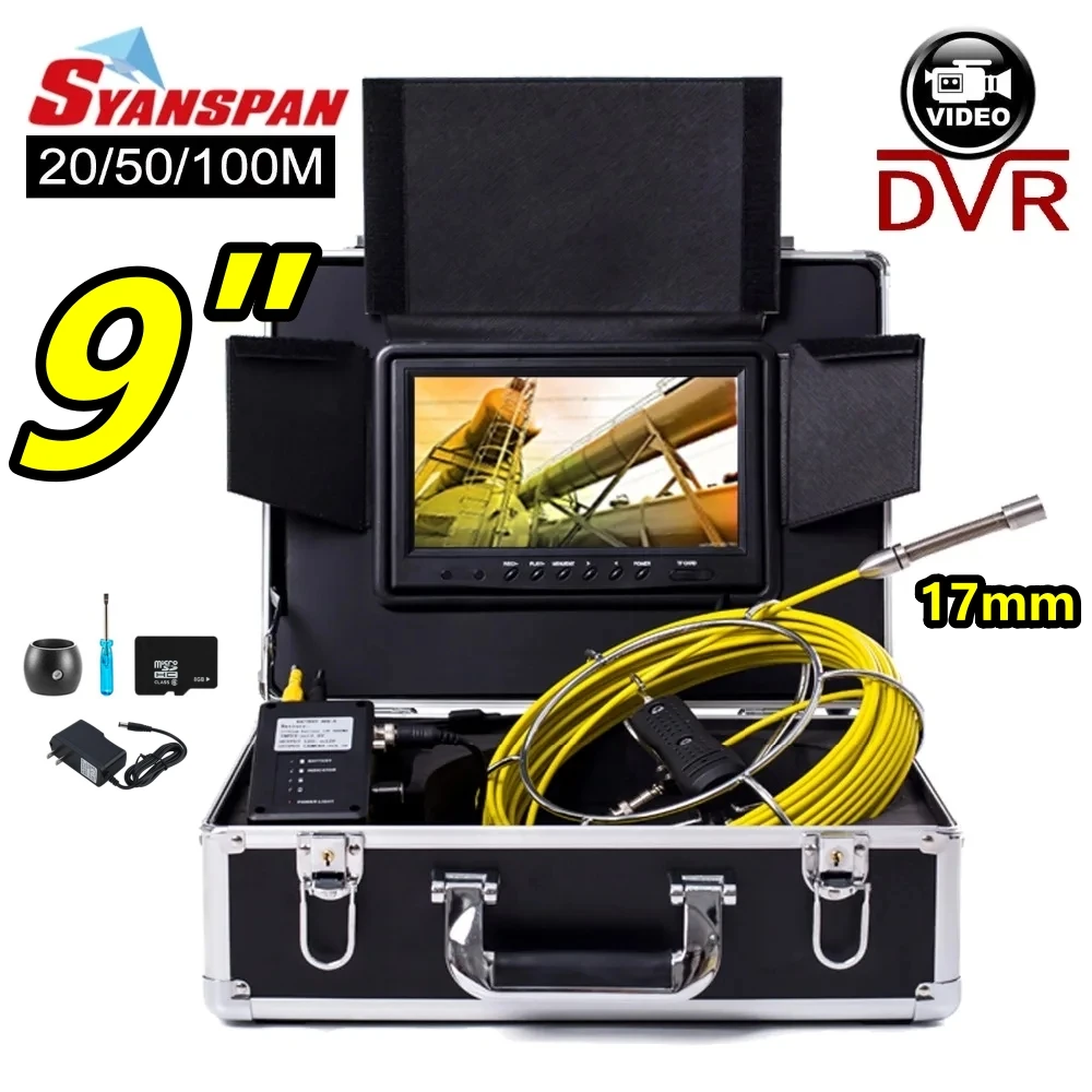 

SYANSPAN 20/50/100M Pipe Inspection Video Camera, 8GB TF Card DVR IP68 Drain Sewer Pipeline Industrial Endoscope with 9" Monitor