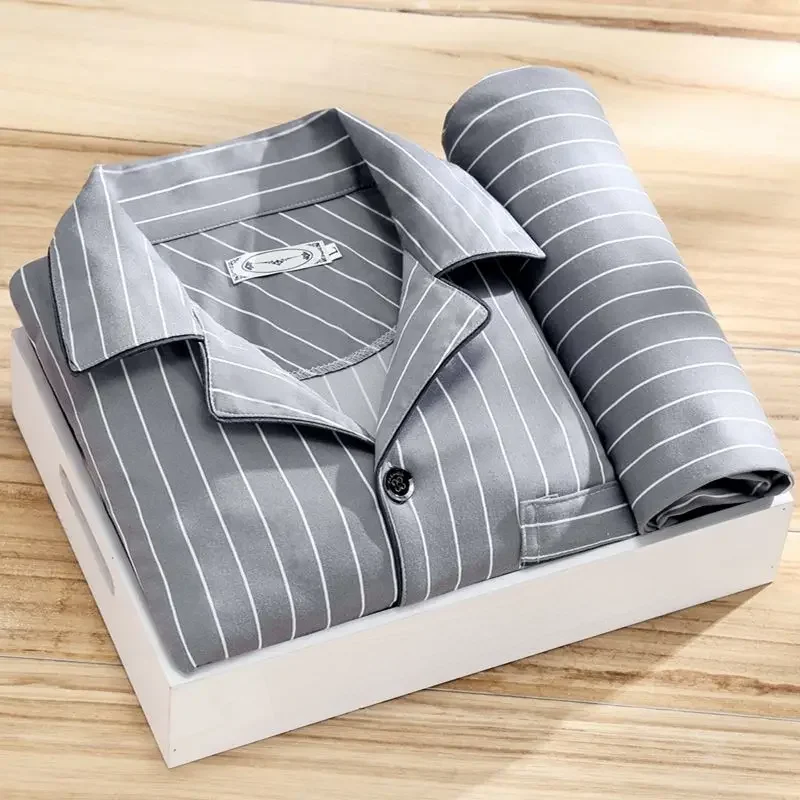 Piżama męska Jesień Nowa Piżama z długim rękawem Dwuczęściowa koreańska luźna piżama w paski Garnitur męski Casual Sleepwear Sleep Clothes Set — zdjęcie 2