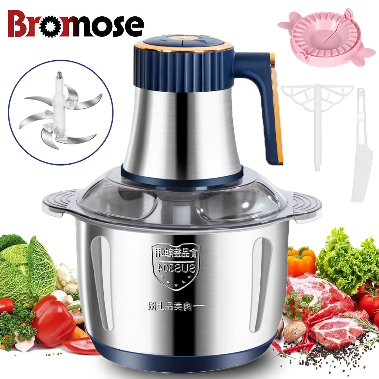 Robot da Cucina Elettrico con Ciotola in Acciaio Inox SUS 304, Mixer Multifunzione per Casa, Tritacarne Elettrico