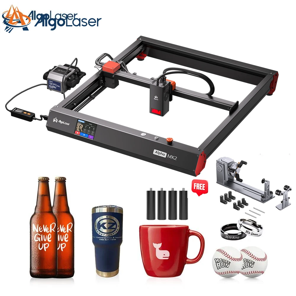 AlgoLaser Alpha MK2 Gravador a laser 4 em 1 Kit de rolo rotativo para anel de copo de vidro 3,5 "tela sensível ao toque APP ferramentas de controle offline