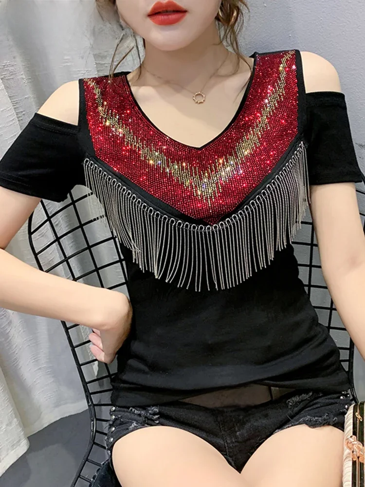 MadBlack letnie europejskie ubrania T-Shirt moda Sexy Off ramię kolorowe diamenty Tassel kobiety topy koszula 2022 Tees T05607 — zdjęcie 2