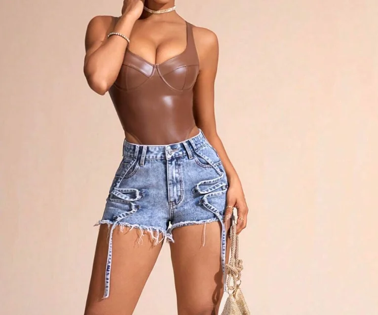 Women's Stylish Mid-Rise Slim Fit Frayed Denim Shorts - Light Wash Raw Hem Distressed Details - Elegant Summer Jean Shorts for C