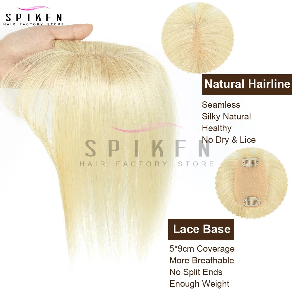 SPIKFN 밝은 금발 헤어 토퍼 중간 부분 앞머리 포함 5x9cm 실제 인간 헤어 토퍼 8"-14" 천연 스트레이트 탑 헤어피스