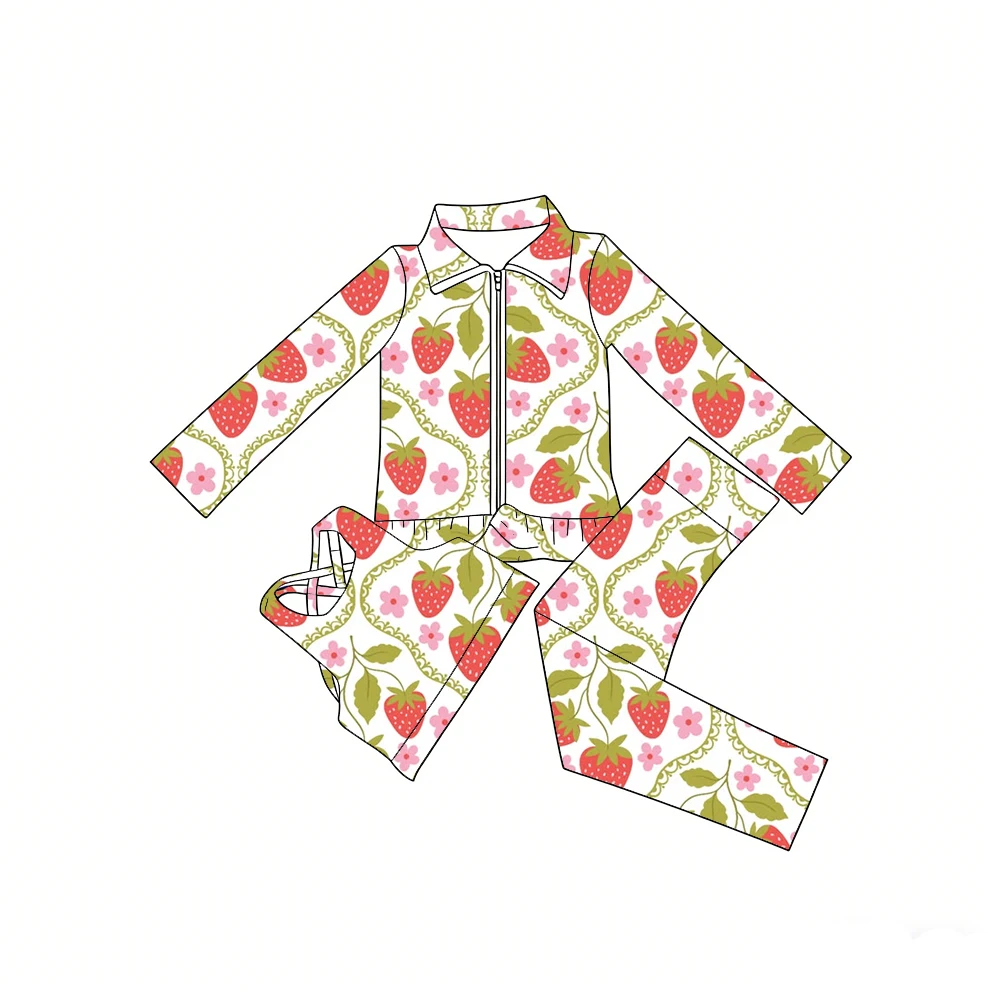Boutique kid's sets including long-sleeved zip-up jackets trousers vests three-piece girls sets Strawberry bow flower print