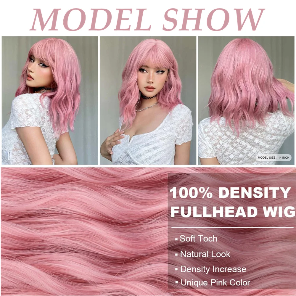 LOUIS FERRE Short Bob Purple Pink Wig for Women Pastel Wavy Wig With Air Bangs Medium Curly Wavy Cosplay Synthetic Colorful Wig