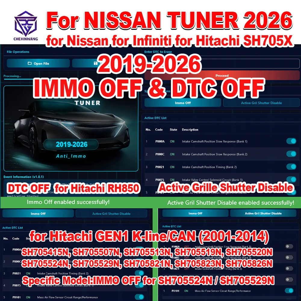 

For INFINITI For NISSAN TUNER 2026 IMMO OFF for HITACHI MPC SH705X DTC OFF RH850 Active Grille Shutter Disable GEN1 K-line/CAN