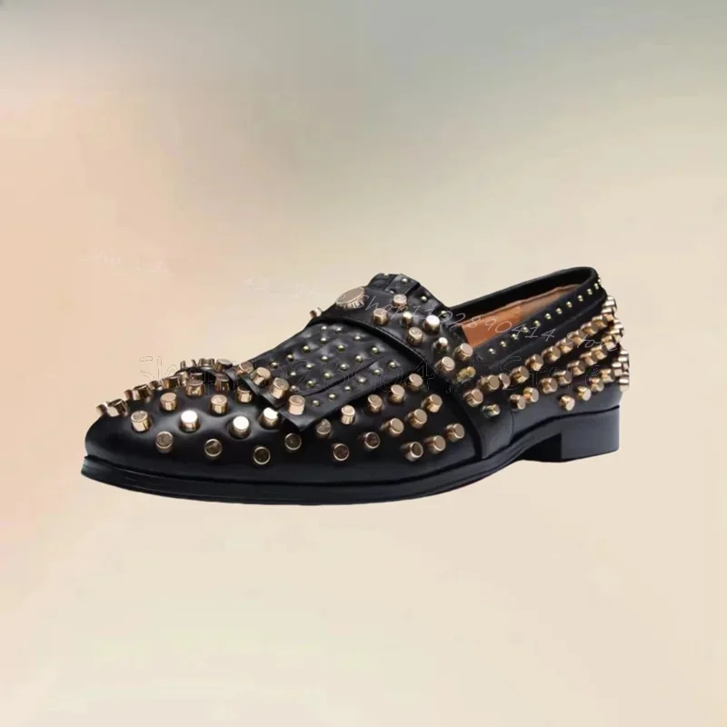 Gouden Klinknagels Zwarte Kwastjes Ontwerp Mannen Loafers Mode Slip Op Mannen Schoenen Luxe Handgemaakte Feestzaal Kantoor Mannen Jurk Schoenen - afbeelding 2