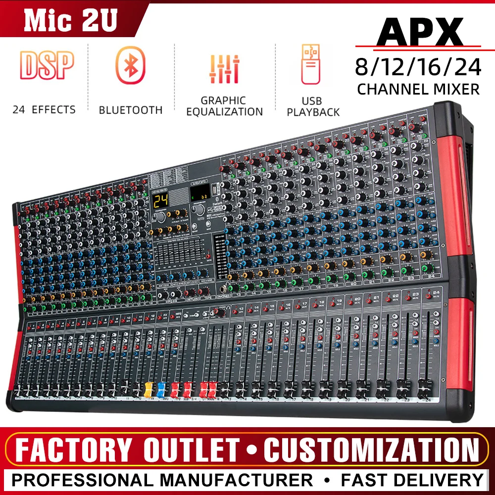 24 Channel Mixer Professional Audio Console +48V playback 24 DSP Effects Bluetooth USB Computer Play For conference stage mixer