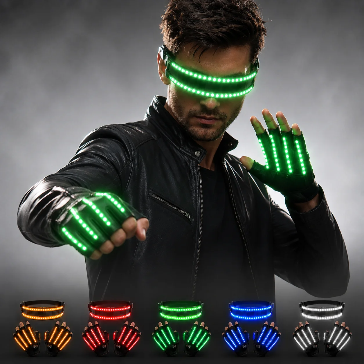 LED Fingerless Gloves Light Up Glasses Set 5 Colors for Nightclub DJ Dance Rave Festival Party Stage Costume