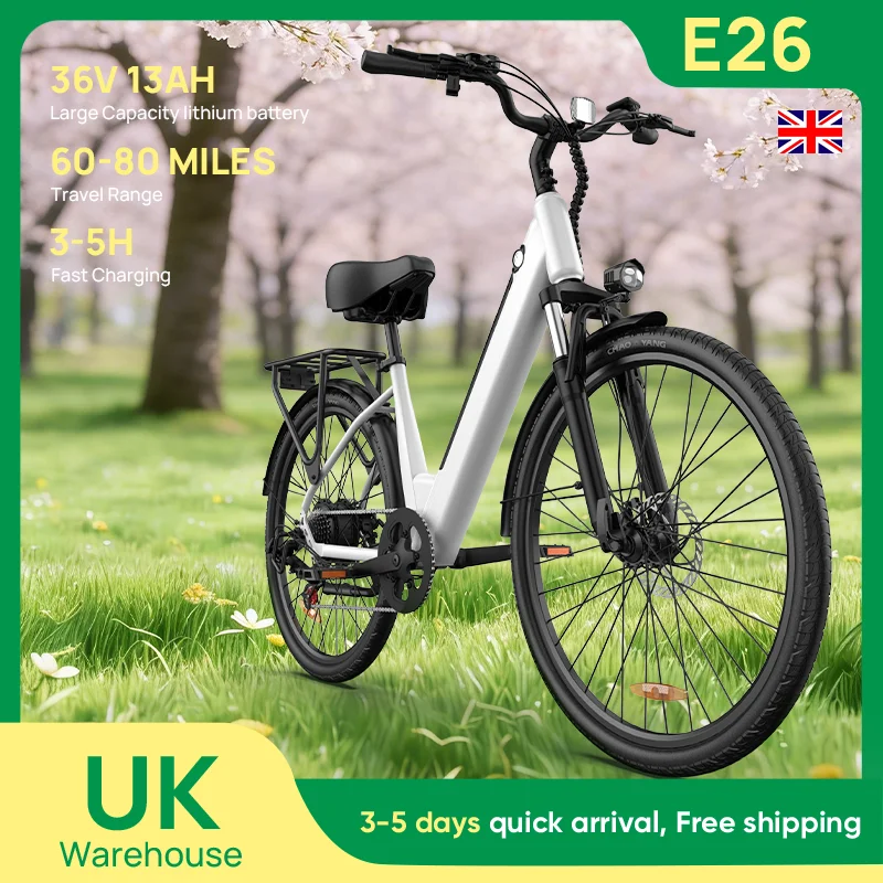 Urlife E26 750W Tires 36V 13Ah 26x2" Removable LCD Display Speed 7-Speeds Hydraulic Disc Brakes for Adults E-Bike Commuter