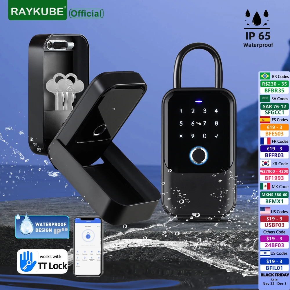 RAYKUBE K5 IP65 Waterproof Wall-mounted/Hanging on TT Lock Smart Security Key box Password Fingerprint  Key Lock Box With Cover