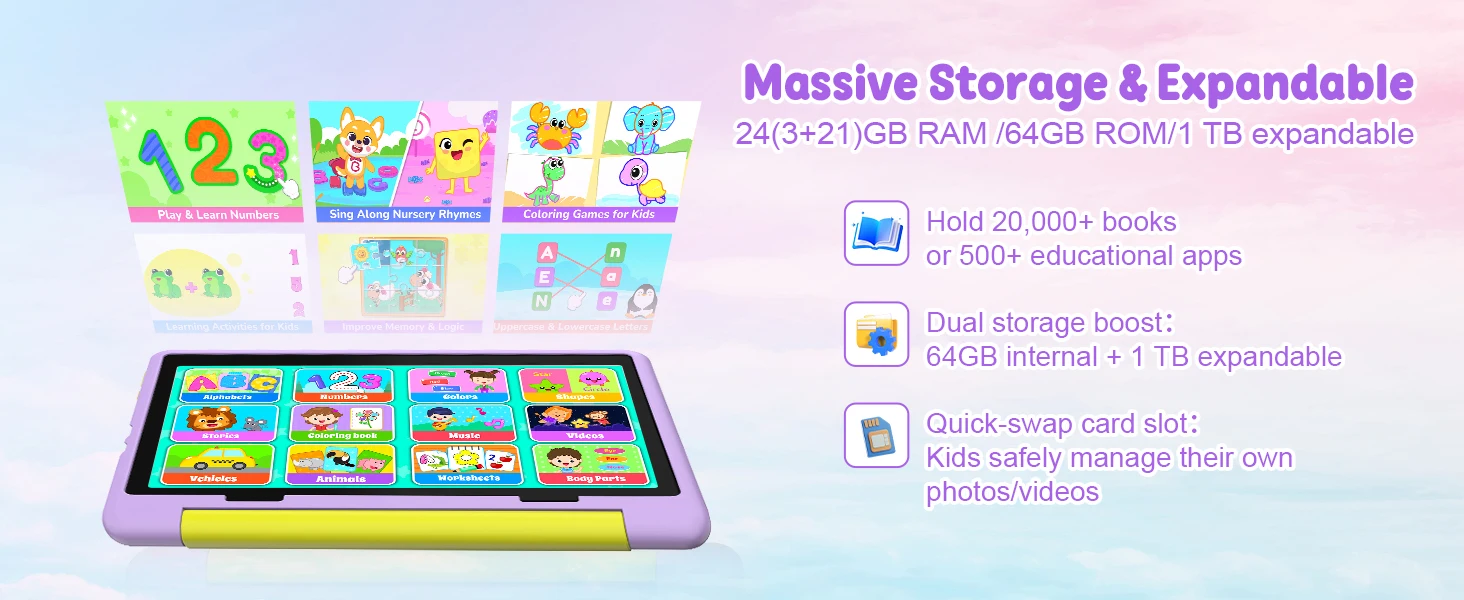 10.1 Inch Kids Tablet 24GB(3+21G) RAM 64GB ROM Android16 GMS Certified A333 Five-Core HD IPS 6000mAh Parental Control With Shockproof Silicone Case Stand Children Learning Tablet PC Purple Blue