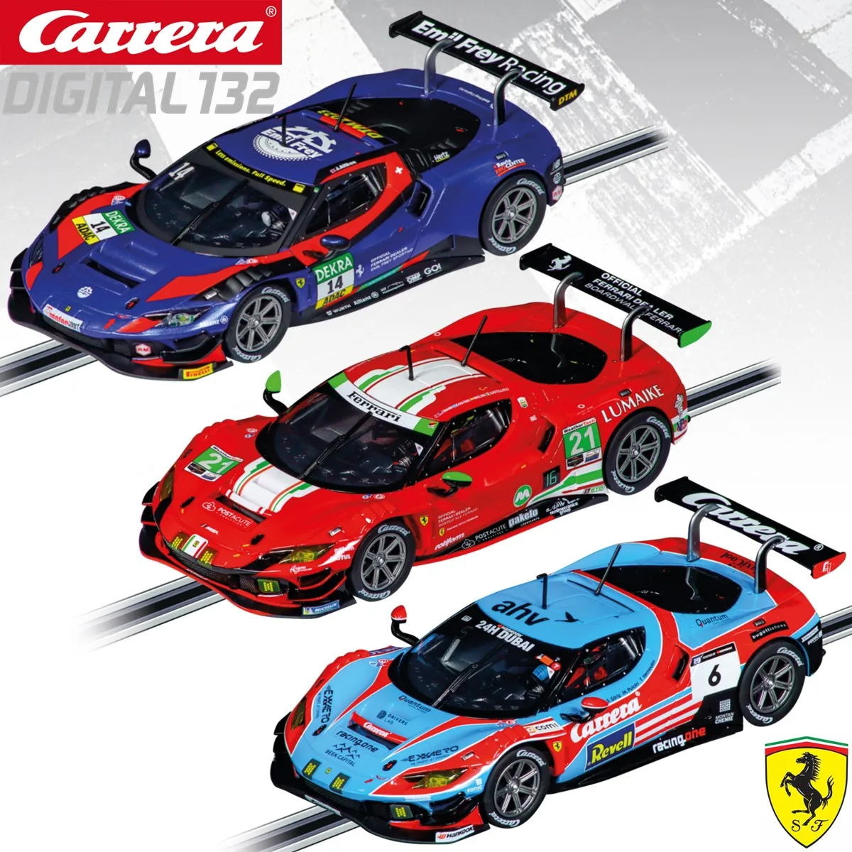 Carrera Slot Car Digital132 Ferrari 296 GT3 32000 Emil Frey Racing No.14 DTM/32001 AF Corse No.21/32043 Carrera No.20 24H Dubai