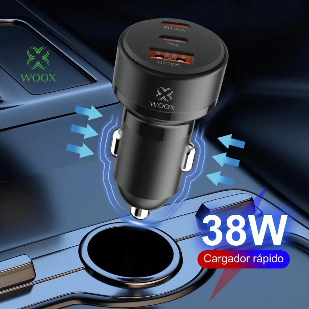 Cargador de coche Woox USB C de carga rápida con cable PD20W+QC18W, cargador de coche USB dual de 3 puertos para iPhone 17 16 Pro, iPad Air, Huawei y teléfonos Android.