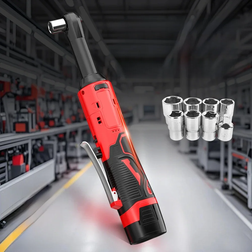 Extended 18V Electric Ratchet Cordless 90 Degree Right Angle Torque Lithium-Ion Wrench Auto Repair Tool Set