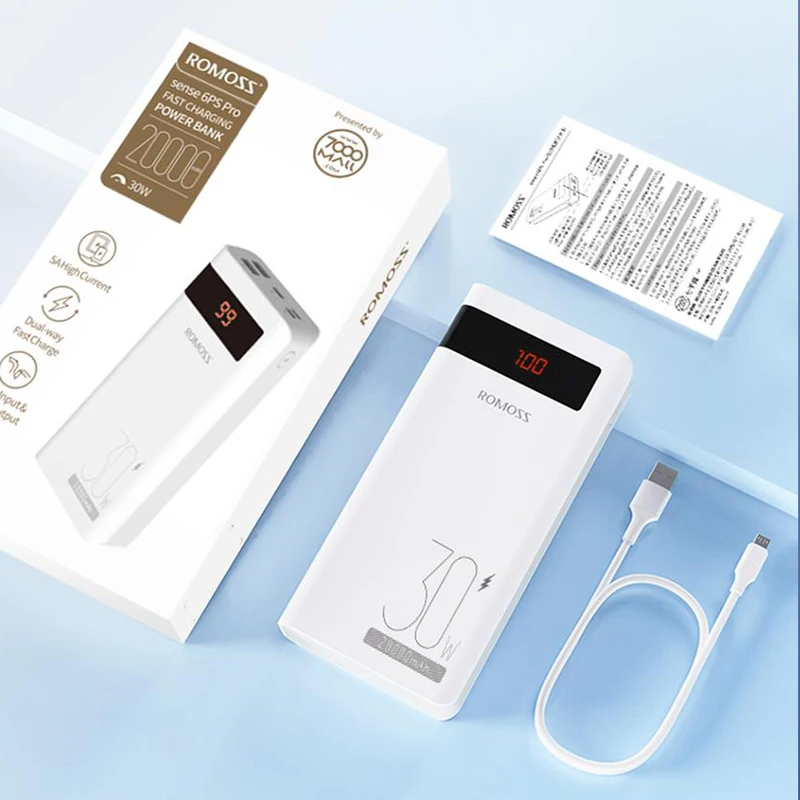 ROMOSS 20000mAh 30W شحن سريع قوة البنك تحسس 6PS Pro شاحن محمول 20000mAh بطارية خارجية آيفون Xiaomi هواوي