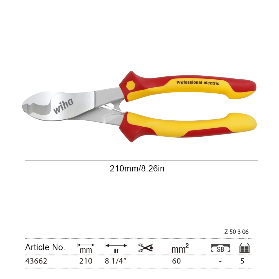 Wiha 1000VAC Insulated Electrical Cable Cutter Heavy Duty Cutter for Aluminum, Copper and Communications Cable, 210mm, NO,43662