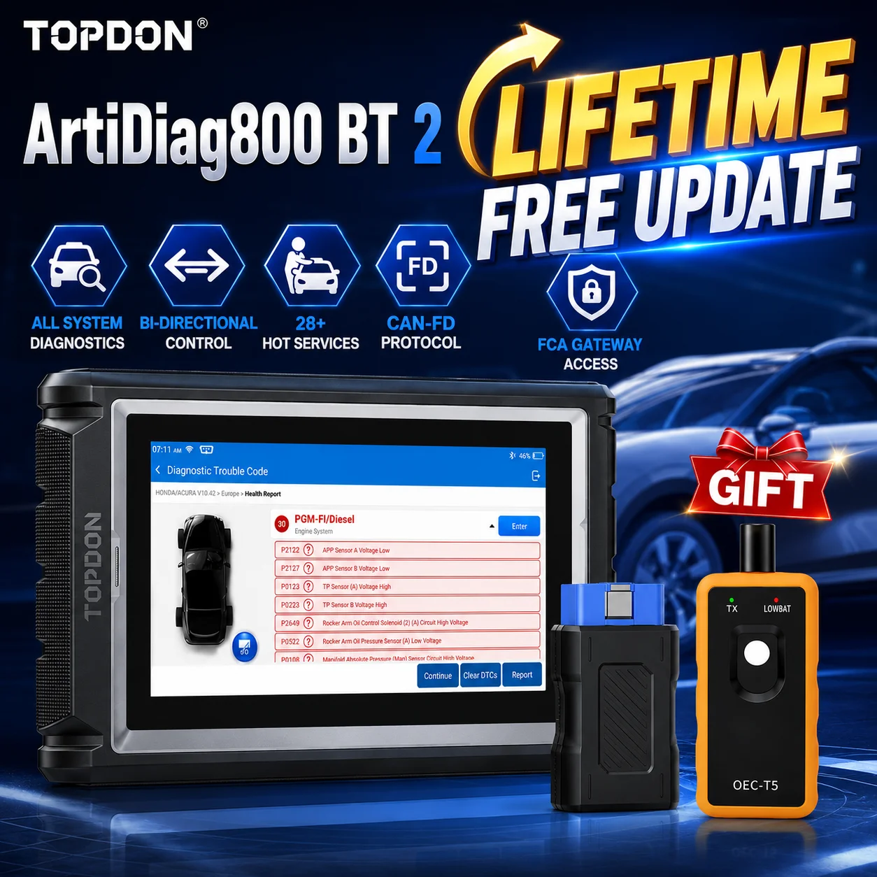 TOPDON ArtiDiag800 BT 2 Automobil-OBD2-Scanner Aktiver Test Bidirektionales Scan-Tool 28 Reset-Funktionen FCA SGW Gateway-Zugang AutoVIN Live-Daten Lebenslange Kostenlose Updates für Autowerkstätten