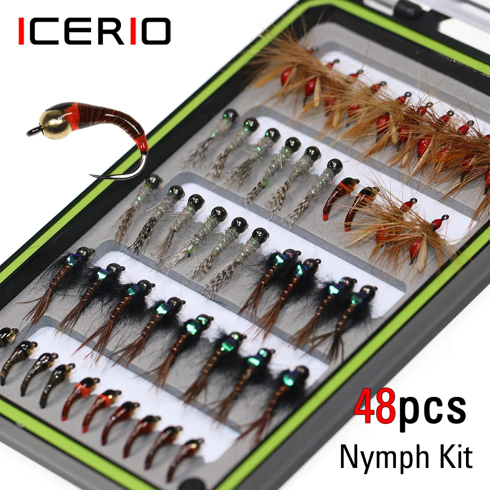 ICERIO 48PCS Nymph Kit  Trout Fishing Fly Lure Baits Tungsten/Copper Beadhead Jig Euro Nymphs Barbless Hook Perdigon Nymphs Ant