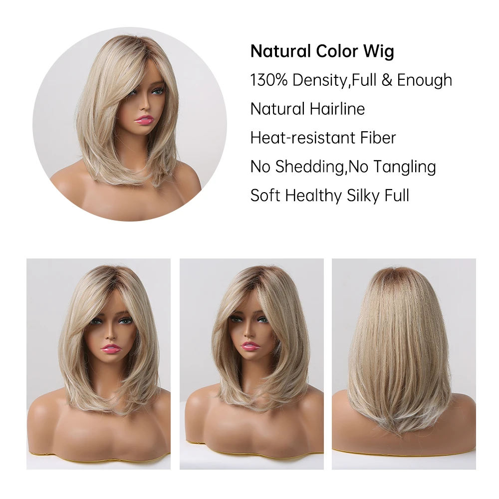 Short Straight Light Gray Blonde Synthetic Wigs with Bangs Shoulder Length Bob Hair Wig for Women Natural Heat Resistant Hair