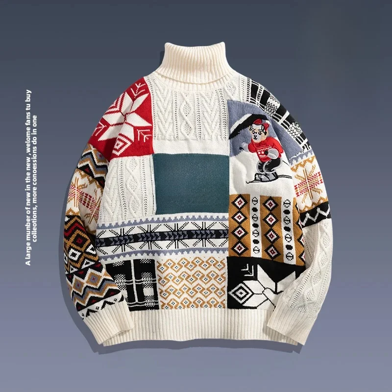 Santa Knitting Sweater Men American Christmas Turtleneck Pullover For Couples High Street Winter Loose Harajuku Couple Sweat