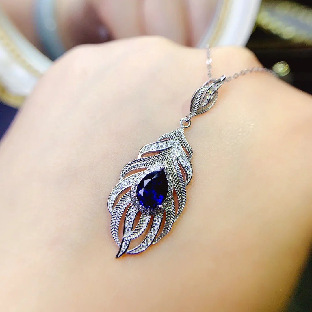 KJJEAXCMY Girls' 6x8mm Natural Sapphire Feather Necklace Pendant, New 925 Pure Silver Plated Platinum Clearance Sale, Gift Party