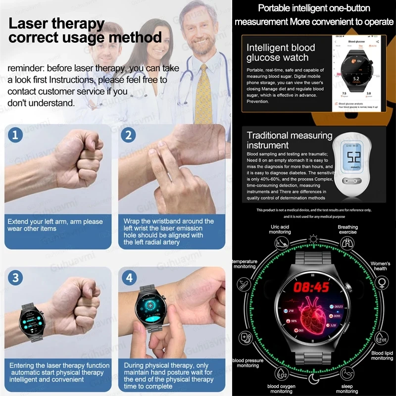 Laser Therapy Blood Lipid Uric Acid Bluetooth Call ECG+PPG Smartwatch Blood Glucose Men Full Touch Screen Fitness Smart Watches