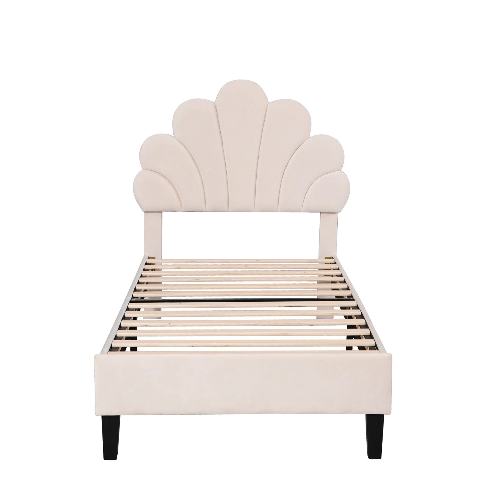 Kinderbett Polsterbett 90x200 cm, Einzelbett Jugendbett mit Kopfteil, Gepolstertes, Bettgestell für Mädchen, Bettgestell mit Kopfteil in Blumenform, Samt, Ohne Matratze, Beige