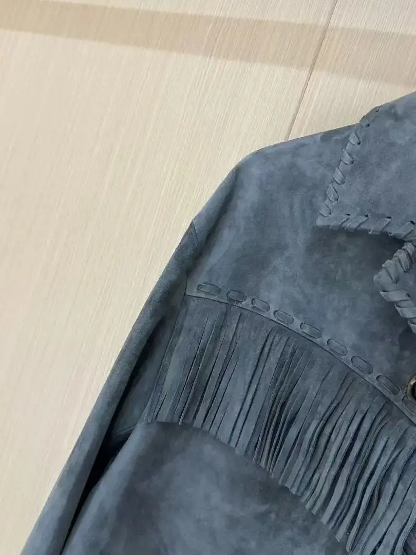 Giacca in pelle scamosciata con frange tinta unita da donna casual autunnale