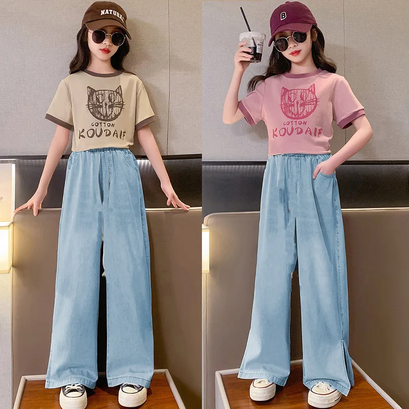 

8 10 12 14 Girls Clothes Sets 2pcs Spring Summer Short Sleeve Shirt+Wide Leg Jeans Girl Clothes Fashion Kids Clothes Girls Suits